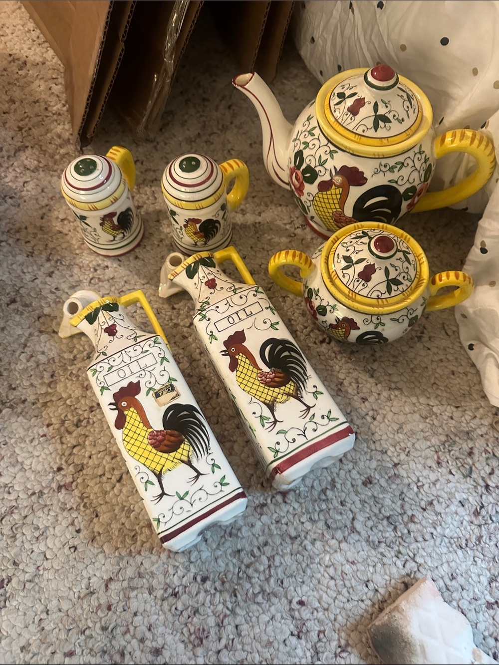 vintage "Early Provincial" Rooster and Roses ceramic kitchenware set.